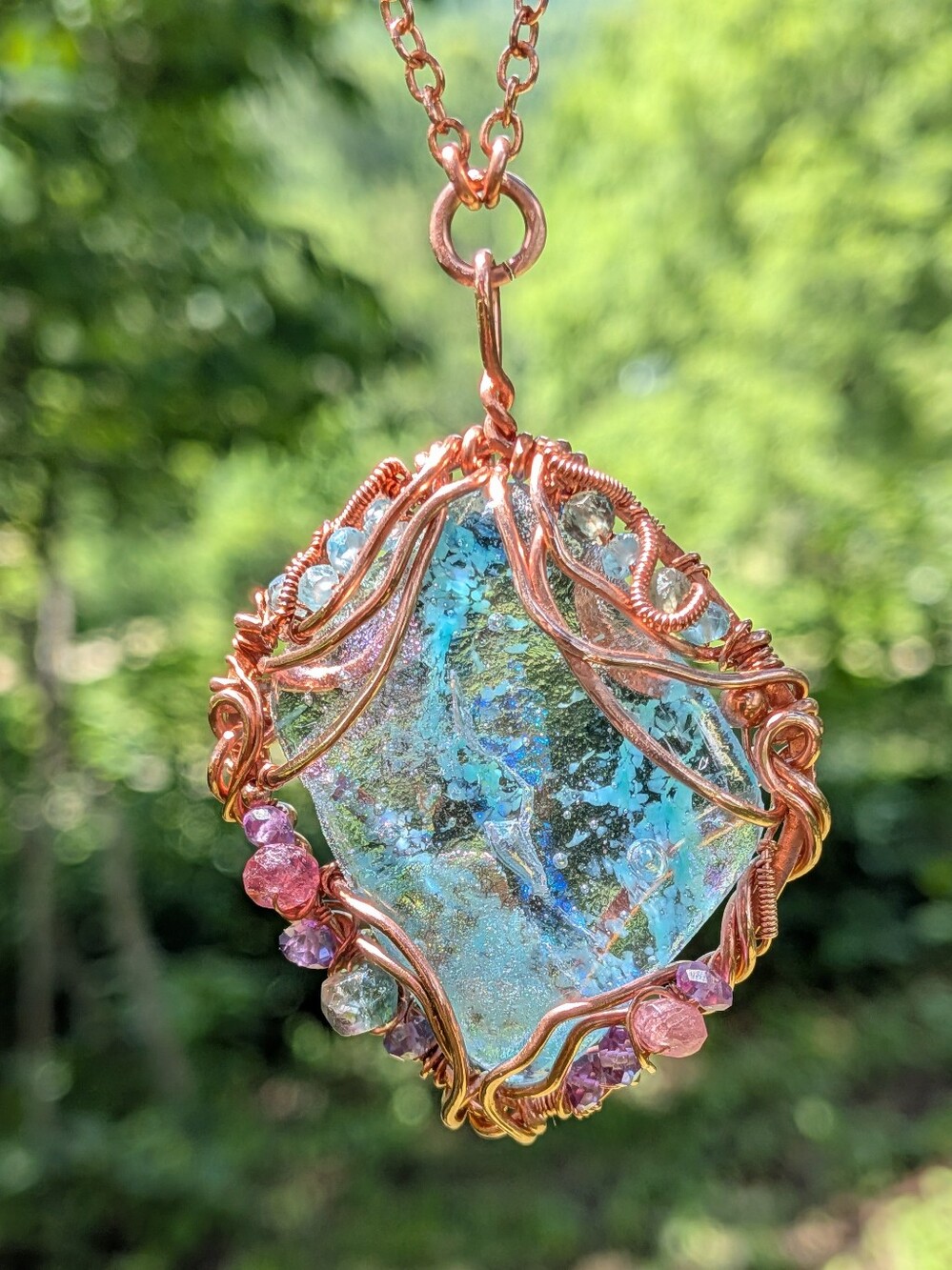 Mermaid Goddess Pendant Artisan Crafted Copper Wire Wrap Design On Copper Chain - Picture 6 of 16